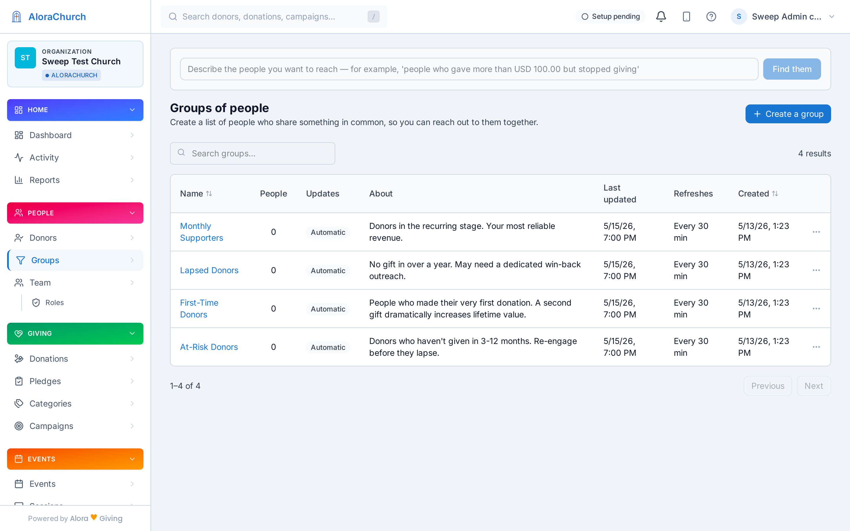 Segment builder with pre-built templates for common donor groups