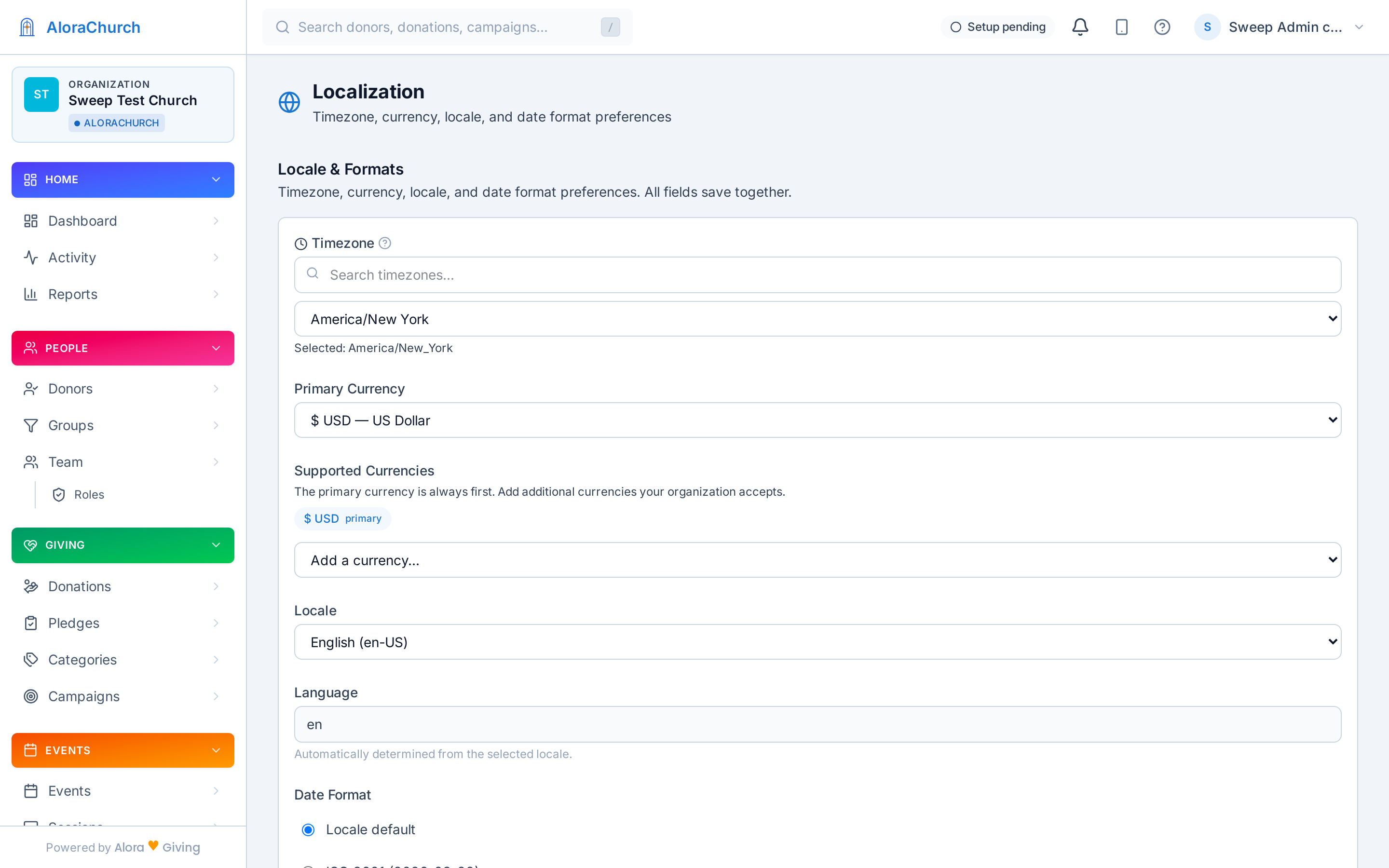 Organization localization settings — timezone, locale, currency, date format